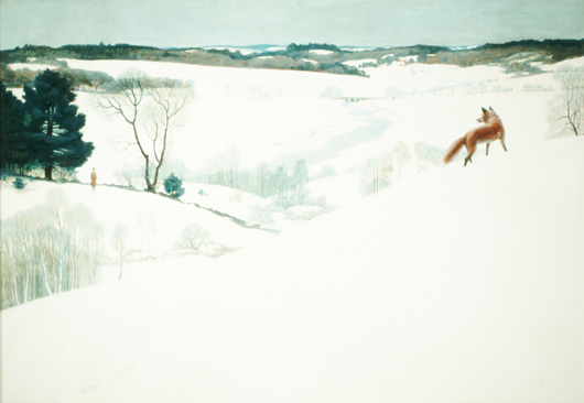 Newell Convers Wyeth (1882-1945), ‘Fox in the Snow’ (Thoreau and The Fox), c. 1935, tempera on Renaissance Panel. Arkell Museum at Canajoharie, Gift of Bartlett Arkell, 1940. ‘Fox in the Snow’ by N.C. Wyeth. Copyright 1936, renewed 1964 by Houghton Mifflin Harcourt. Used by permission. All rights reserved.